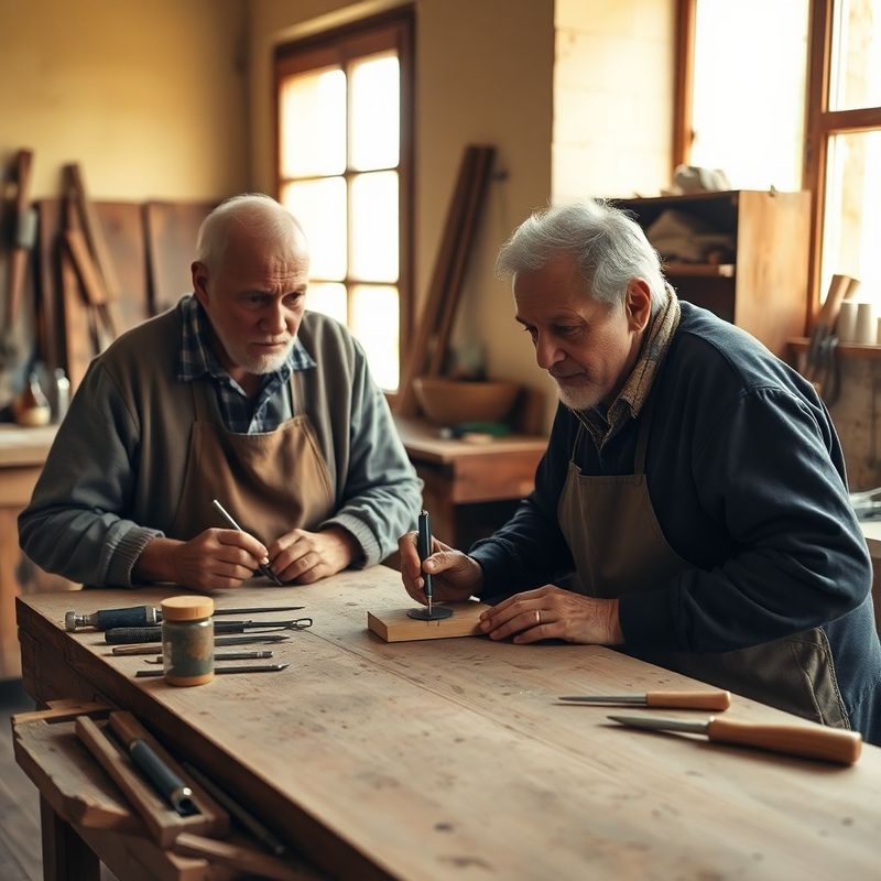 Two generations of the Ashford family working side by side at a wooden workbench in a warm workshop interior