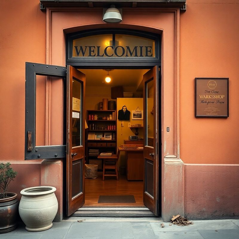 Welcoming open workshop entrance door on a terracotta-cream street in Oradea