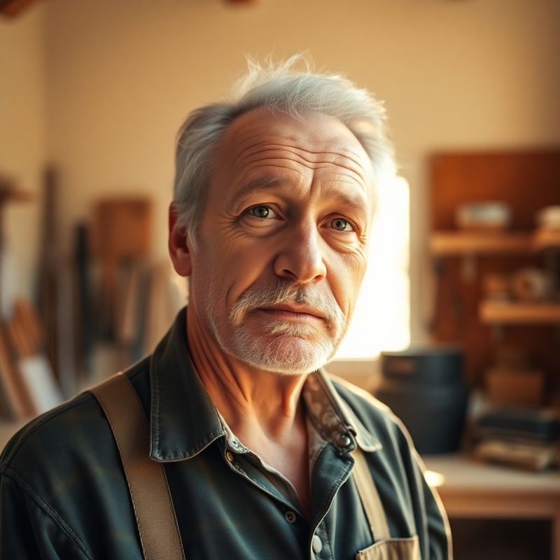Portrait of George Ashford, an experienced tradesman, in a sunlit cream workshop