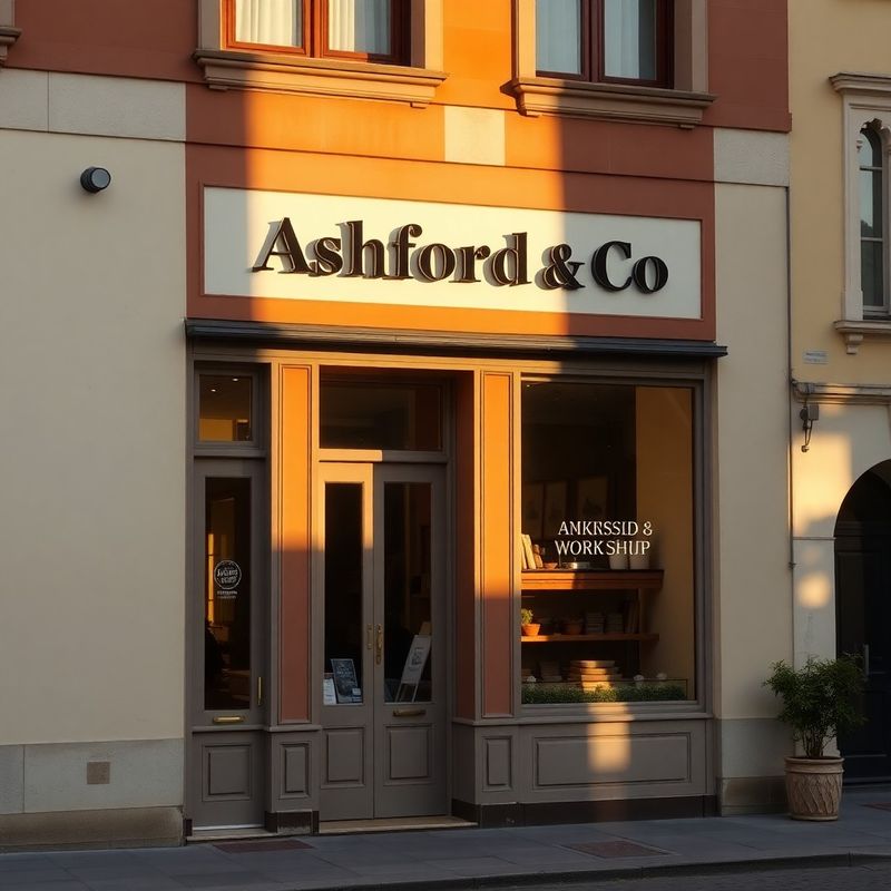 Ashford & Co workshop storefront on a terracotta-cream Secessionist street in Oradea, lit by morning light