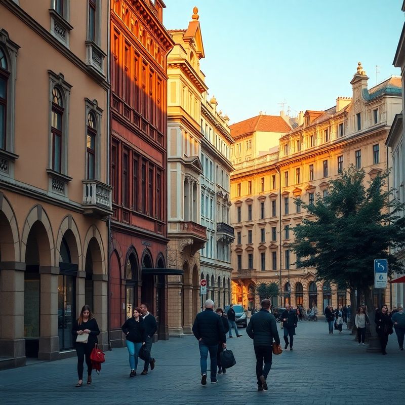 Oradea city centre at golden hour with terracotta and cream Secessionist facades along the street