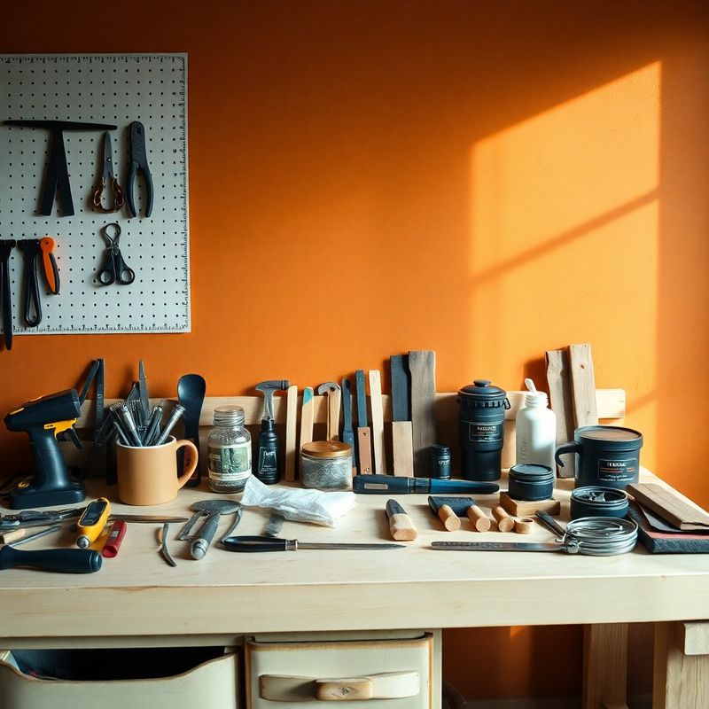 Neatly organised professional tools on a cream-painted timber workbench in natural light