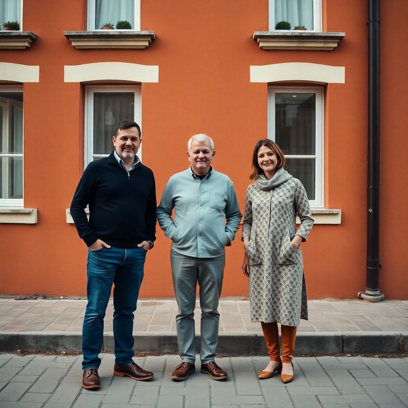 Three members of the Ashford family team standing in front of a warm terracotta-cream building in Oradea